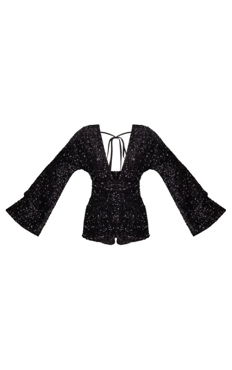 PrettyLittleThing Christmas Day Outfits*Sequin Plunge Tie Flared Sleeve Romper