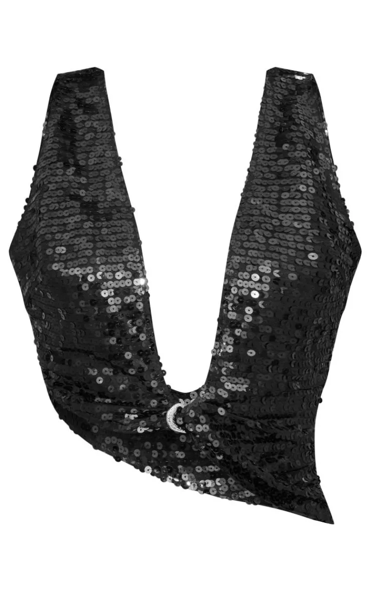 Online PrettyLittleThing Sequin Sleeve Plunge Metal Detail Bralet Black