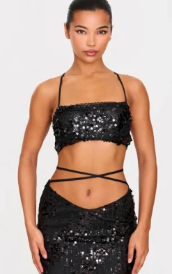 Outlet PrettyLittleThing Sequin Strap Detail Crop Top Black