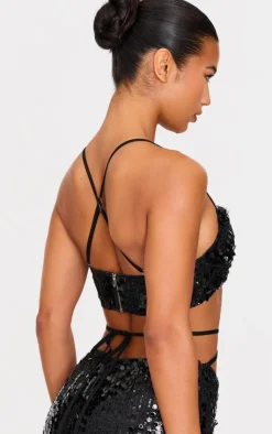 Outlet PrettyLittleThing Sequin Strap Detail Crop Top Black