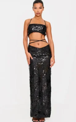 Outlet PrettyLittleThing Sequin Strap Detail Crop Top Black