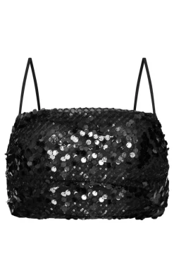 Outlet PrettyLittleThing Sequin Strap Detail Crop Top Black