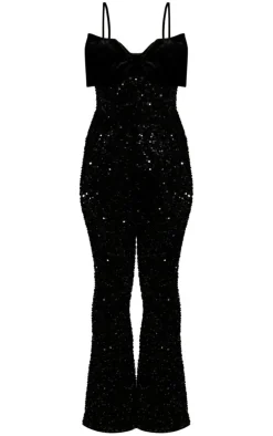 PrettyLittleThing Christmas Shop*Sequin Strappy Velvet Bow Flared Jumpsuit