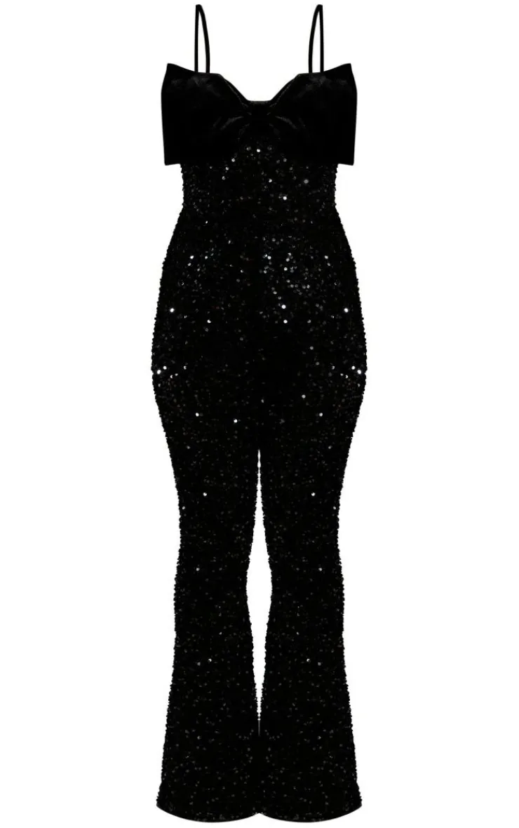 PrettyLittleThing Christmas Shop*Sequin Strappy Velvet Bow Flared Jumpsuit