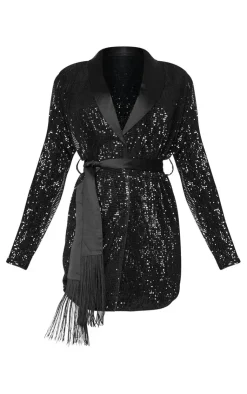 Sequin Tassel Tie Detail Blazer Dress-PrettyLittleThing New