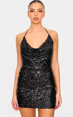 Sequin Tie Cowl Halter Neck Bodycon Dress-PrettyLittleThing Outlet