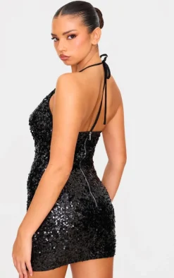 Sequin Tie Cowl Halter Neck Bodycon Dress-PrettyLittleThing Outlet