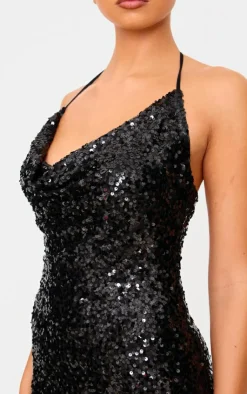 Sequin Tie Cowl Halter Neck Bodycon Dress-PrettyLittleThing Outlet
