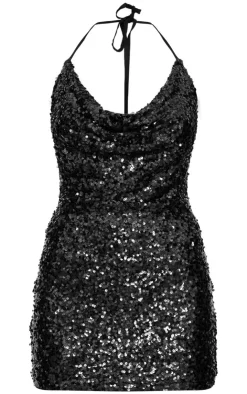 Sequin Tie Cowl Halter Neck Bodycon Dress-PrettyLittleThing Outlet