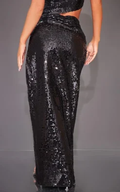 Discount PrettyLittleThing Sequin Twist Front Extreme Split Midaxi Skirt Black