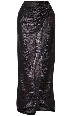 Discount PrettyLittleThing Sequin Twist Front Extreme Split Midaxi Skirt Black