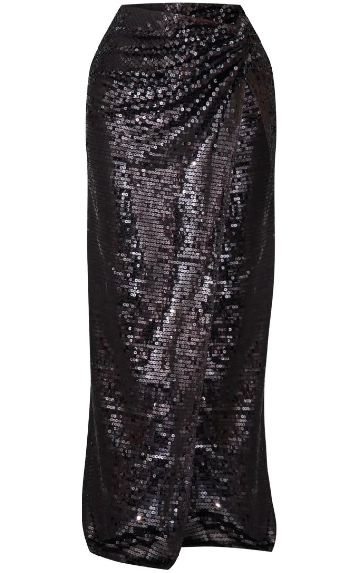 Discount PrettyLittleThing Sequin Twist Front Extreme Split Midaxi Skirt Black