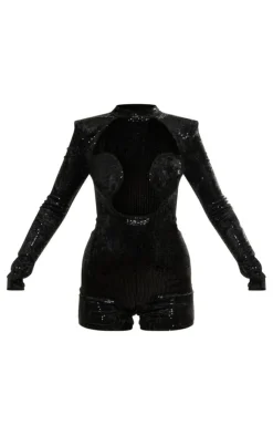 PrettyLittleThing Christmas Party Outfits*Sequin Velvet Wire Detail Cut Out Long Sleeve Romper