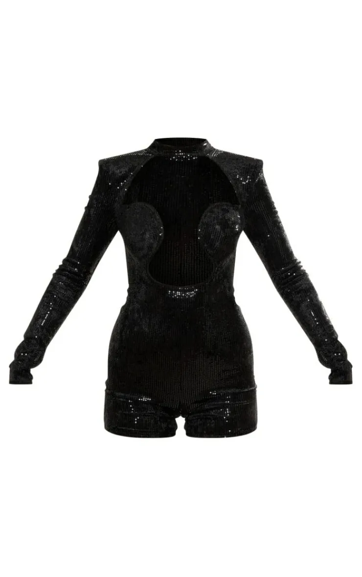 PrettyLittleThing Christmas Party Outfits*Sequin Velvet Wire Detail Cut Out Long Sleeve Romper