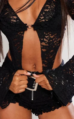 Best PrettyLittleThing Sheer Broderie Lace Halterneck Crop Top Black