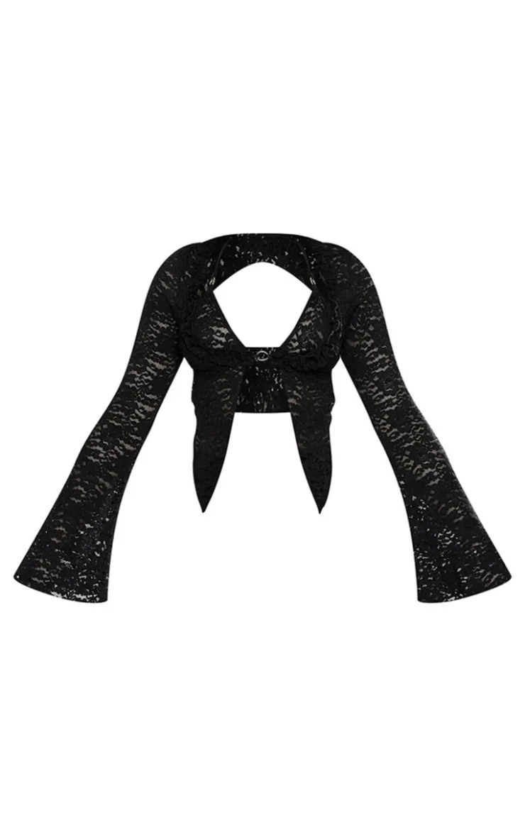Best PrettyLittleThing Sheer Broderie Lace Halterneck Crop Top Black