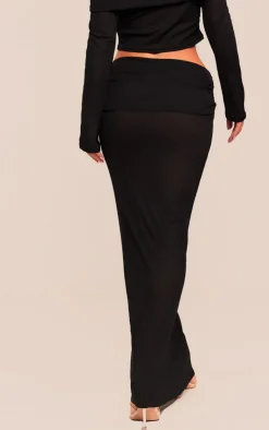 Best PrettyLittleThing Sheer Burnout Mesh Fold Over Hem Low Rise Maxi Skirt Black