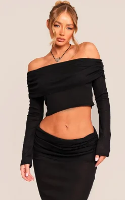 Clearance PrettyLittleThing Sheer Burnout Mesh Fold Over Hem Long Sleeve Bardot Top Black
