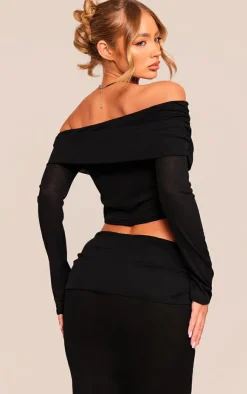 Clearance PrettyLittleThing Sheer Burnout Mesh Fold Over Hem Long Sleeve Bardot Top Black