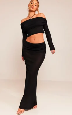 Clearance PrettyLittleThing Sheer Burnout Mesh Fold Over Hem Long Sleeve Bardot Top Black