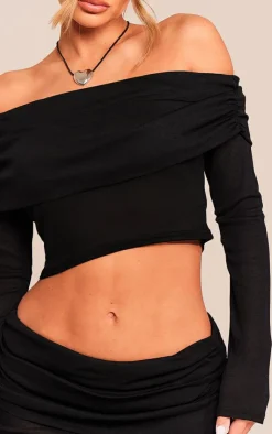 Clearance PrettyLittleThing Sheer Burnout Mesh Fold Over Hem Long Sleeve Bardot Top Black