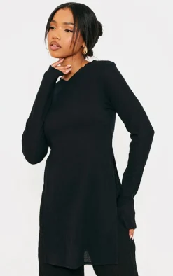 Outlet PrettyLittleThing Sheer Cheesecloth Textured Split Sleeve Long Top Black