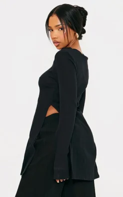 Outlet PrettyLittleThing Sheer Cheesecloth Textured Split Sleeve Long Top Black