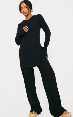 Outlet PrettyLittleThing Sheer Cheesecloth Textured Split Sleeve Long Top Black