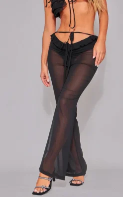 New PrettyLittleThing Sheer Chiffon Ruffle Detail Flared Pants Black