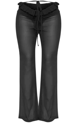 New PrettyLittleThing Sheer Chiffon Ruffle Detail Flared Pants Black