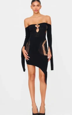 Sheer Cut Out Long Sleeve Midi Dress-PrettyLittleThing