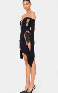 Sheer Cut Out Long Sleeve Midi Dress-PrettyLittleThing
