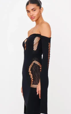 Sheer Cut Out Long Sleeve Midi Dress-PrettyLittleThing