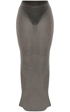 Sale PrettyLittleThing Sheer Fishnet Diamante Low Waisted Maxi Skirt Black