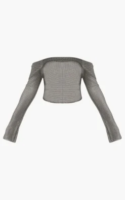 PrettyLittleThing Sheer Fishnet Diamante Fold Over Hem Bardot Top Black