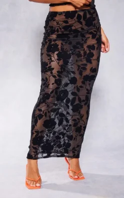 Discount PrettyLittleThing Sheer Floral Devore Low Rise Midaxi Skirt Black