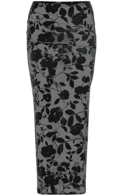 Discount PrettyLittleThing Sheer Floral Devore Low Rise Midaxi Skirt Black