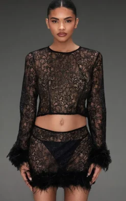 New PrettyLittleThing Sheer Glitter Lace Feather Trim Top Black