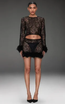New PrettyLittleThing Sheer Glitter Lace Feather Trim Top Black