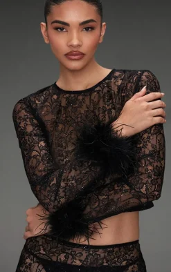 New PrettyLittleThing Sheer Glitter Lace Feather Trim Top Black