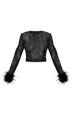 New PrettyLittleThing Sheer Glitter Lace Feather Trim Top Black