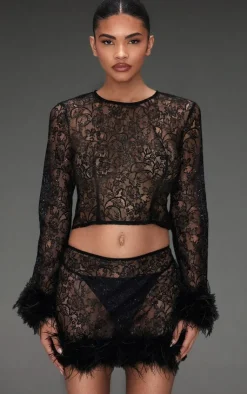Discount PrettyLittleThing Sheer Glitter Lace Feather Trim Micro Mini Skirt Black