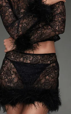Discount PrettyLittleThing Sheer Glitter Lace Feather Trim Micro Mini Skirt Black