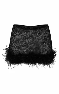 Discount PrettyLittleThing Sheer Glitter Lace Feather Trim Micro Mini Skirt Black