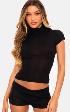 Discount PrettyLittleThing Sheer Knit Hot Pant Black