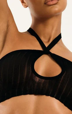 New PrettyLittleThing Sheer Knit Lace Up Keyhole Top Black