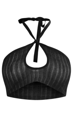 New PrettyLittleThing Sheer Knit Lace Up Keyhole Top Black