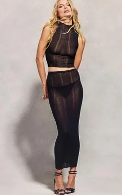 New PrettyLittleThing Sheer Knit Low Rise Maxi Skirt Black