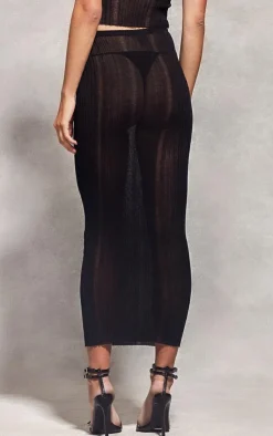 New PrettyLittleThing Sheer Knit Low Rise Maxi Skirt Black