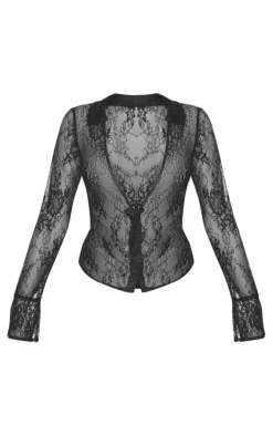 Outlet PrettyLittleThing Sheer Lace Fitted Shirt Black
